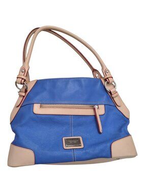 Tignanello Women's Blue Tan Leather Shoulder Purse Bag Multi Pockets